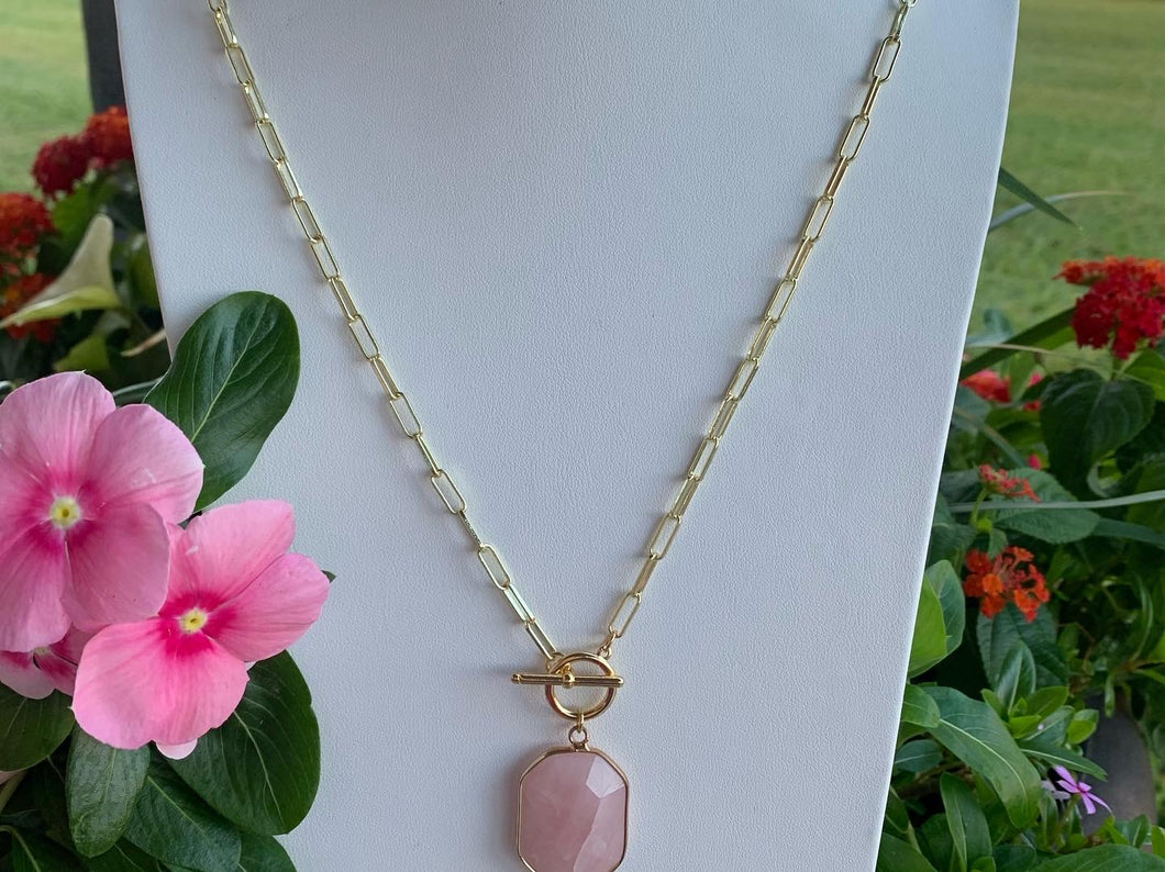 14k gold filled paperclip chain with Rose Quartz pendant